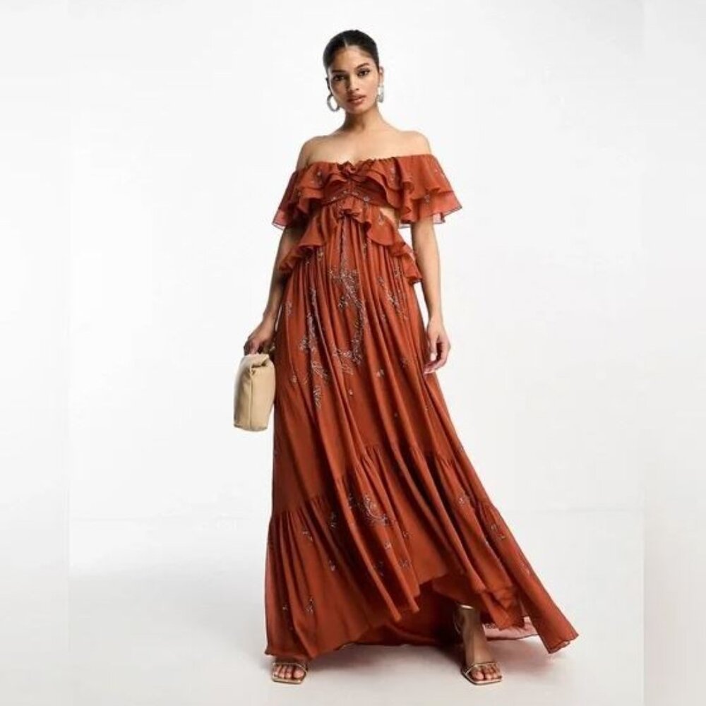 ASOS DESIGN scatter embellished ruffle off-shoulder cut-out midi dress in rust 4